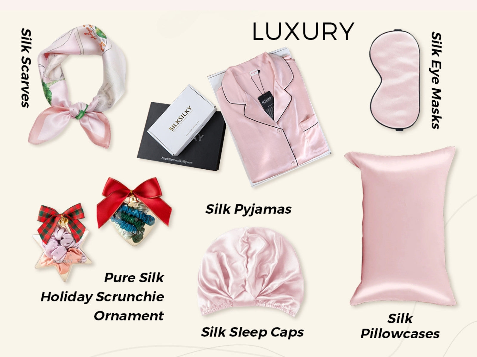 Product layout of SILKSILKY luxury silk items including silk scarves, pajamas, eye masks, sleep caps, pillowcases, and holiday scrunchie ornaments, all in soft pink and pastel colors