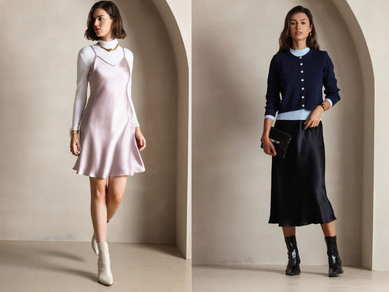 A woman in a flowing silk skirt walking gracefully through a sunlit garden path