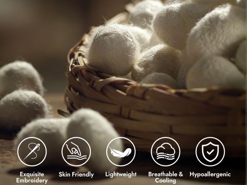 Silk cocoon material image showing soft, lightweight, breathable, cooling, and hypoallergenic bedding features