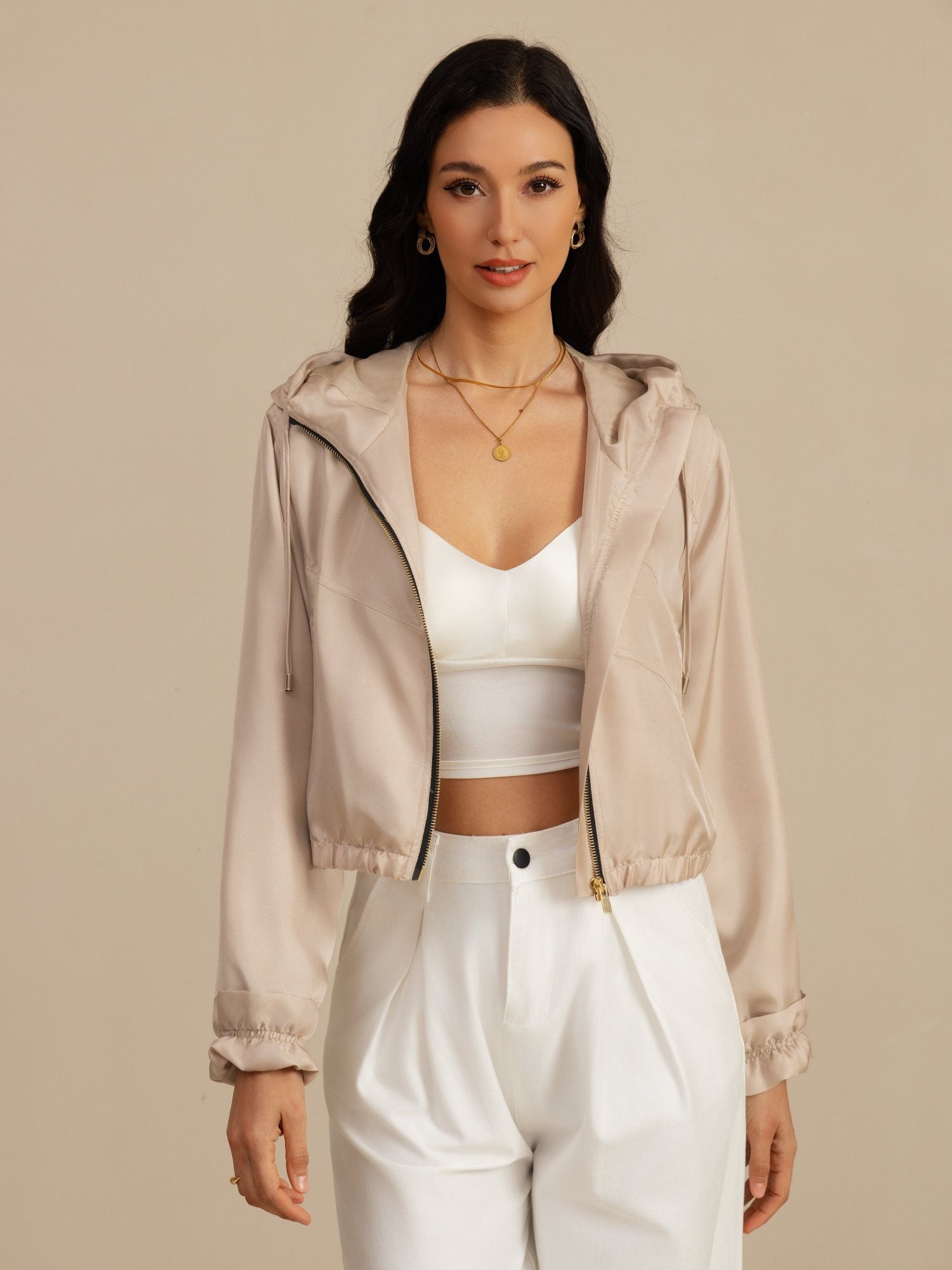 [Tan] SilkSilky 18Momme Silk Satin Surah Long Sleeve High Neck Women's Outerwear 005