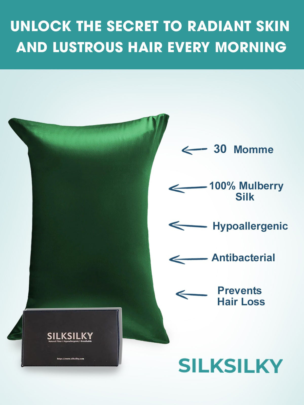 SilkSilky US 30Momme Pure Silk Pillowcase DarkGreen 002