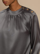 [Dark Gray] SilkSilky  19Momme Stretch Silk Charmeuse Long Sleeve Round Neck Blouse 006