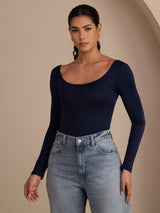 [Dark Blue] SilkSilky Long Sleeve U Neck Women's T-Shirt 001