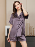 SilkSilky  Pure Silk Short Sleeve Lapel Women's Pajamas PurpleGray 004