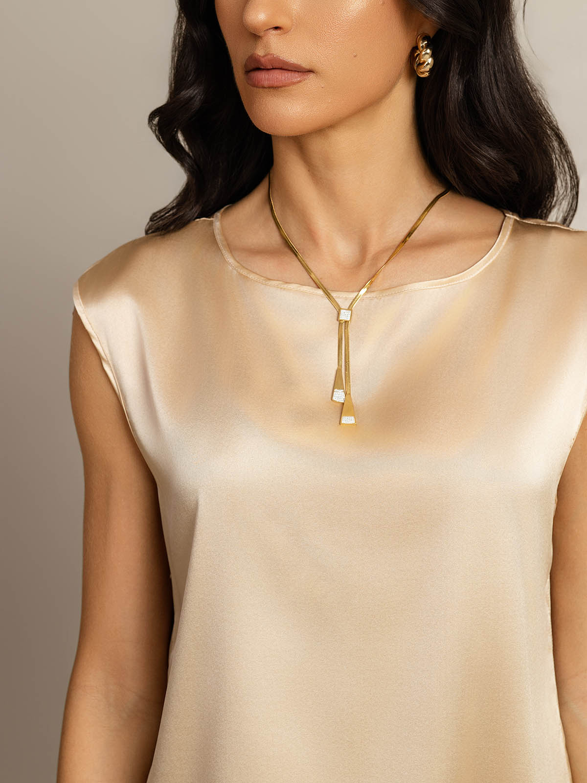 [Champagne] SilkSilky  19Momme Silk Round Neck Women's T-Shirt 005