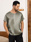 SilkSilky US Pure Silk Short Sleeve V Neck Men's T Shirt GrayishGreen 003