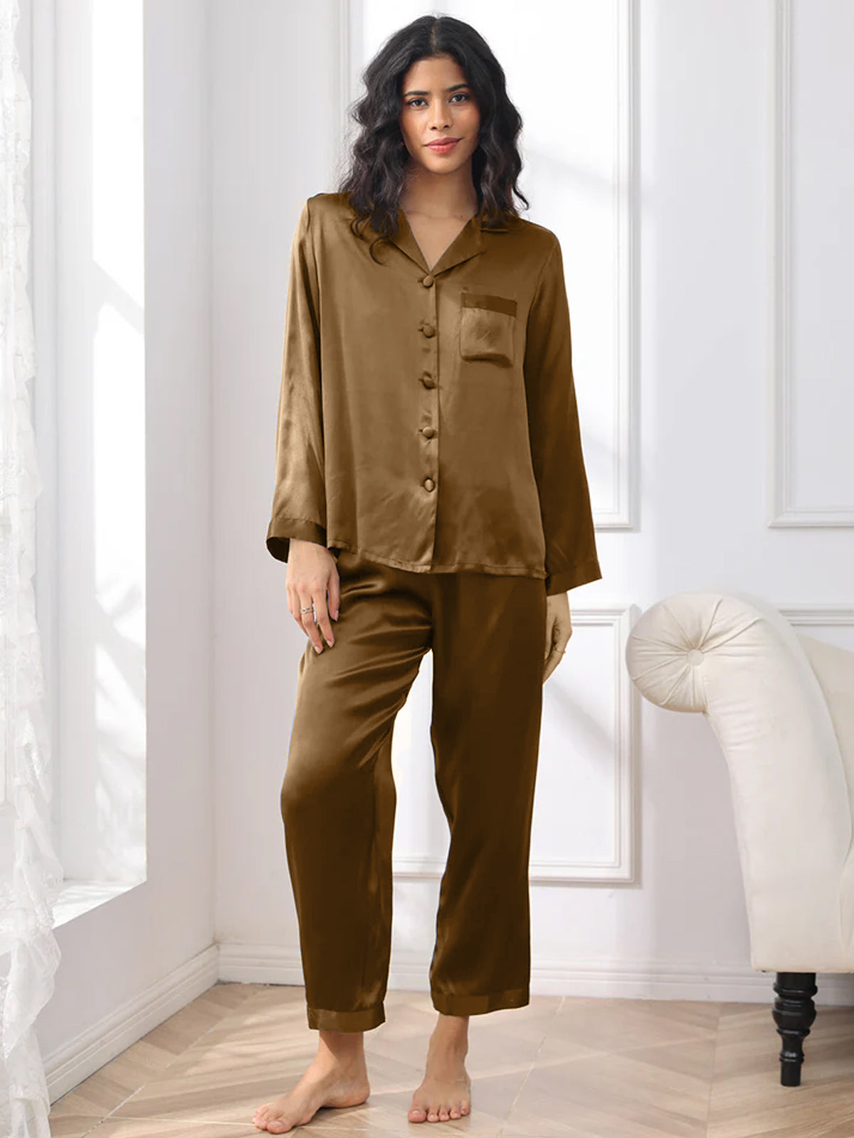 [Brown] SilkSilky  Pure Silk Womens Pajamas 001,