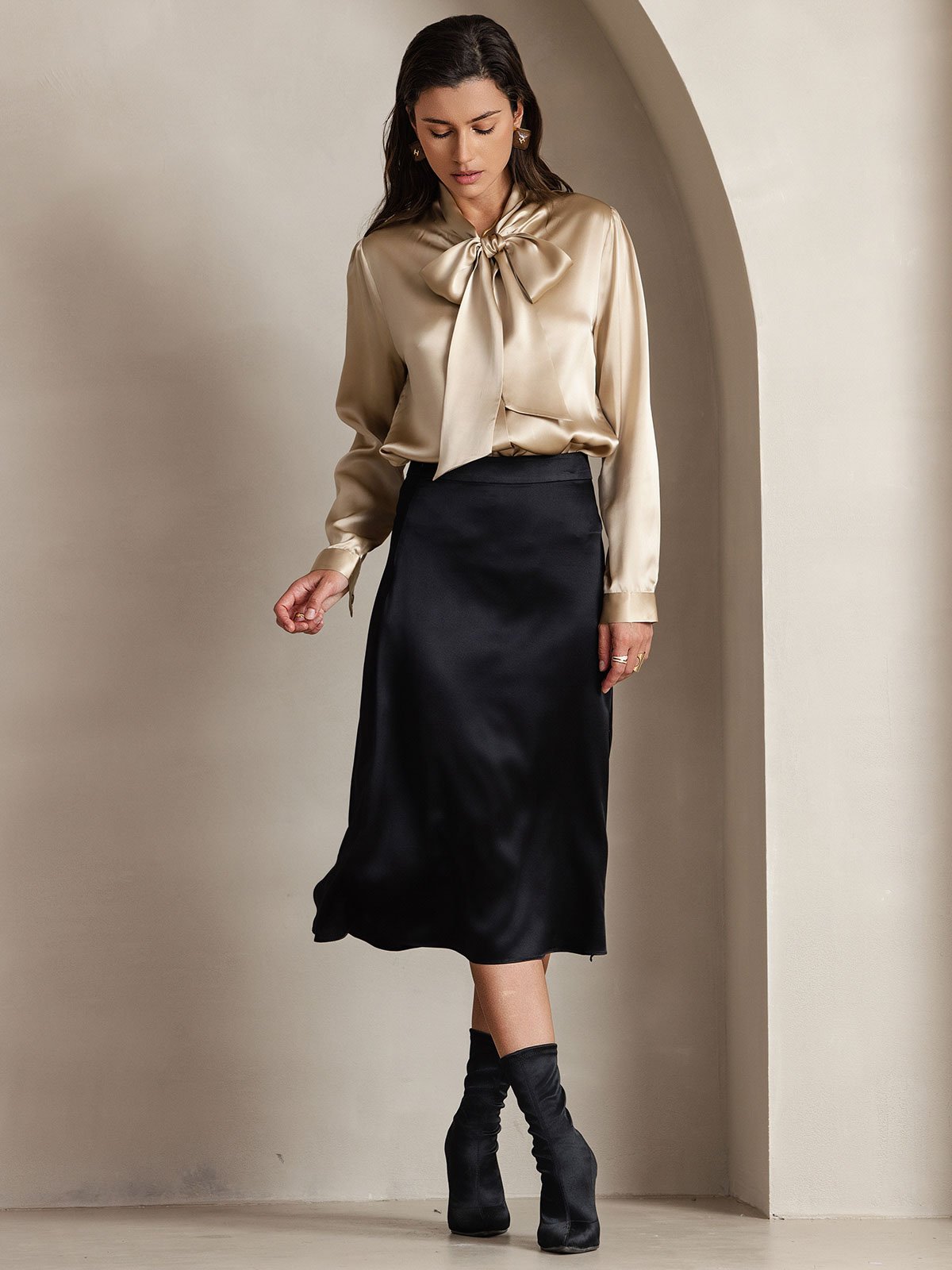 [Champagne] SilkSilky 19Momme Silk Long Sleeve Tie Neck Women's Shirt 006