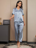 SilkSilky US Pure Silk Short Sleeve Lapel Women's Pajamas SteelBlue 001