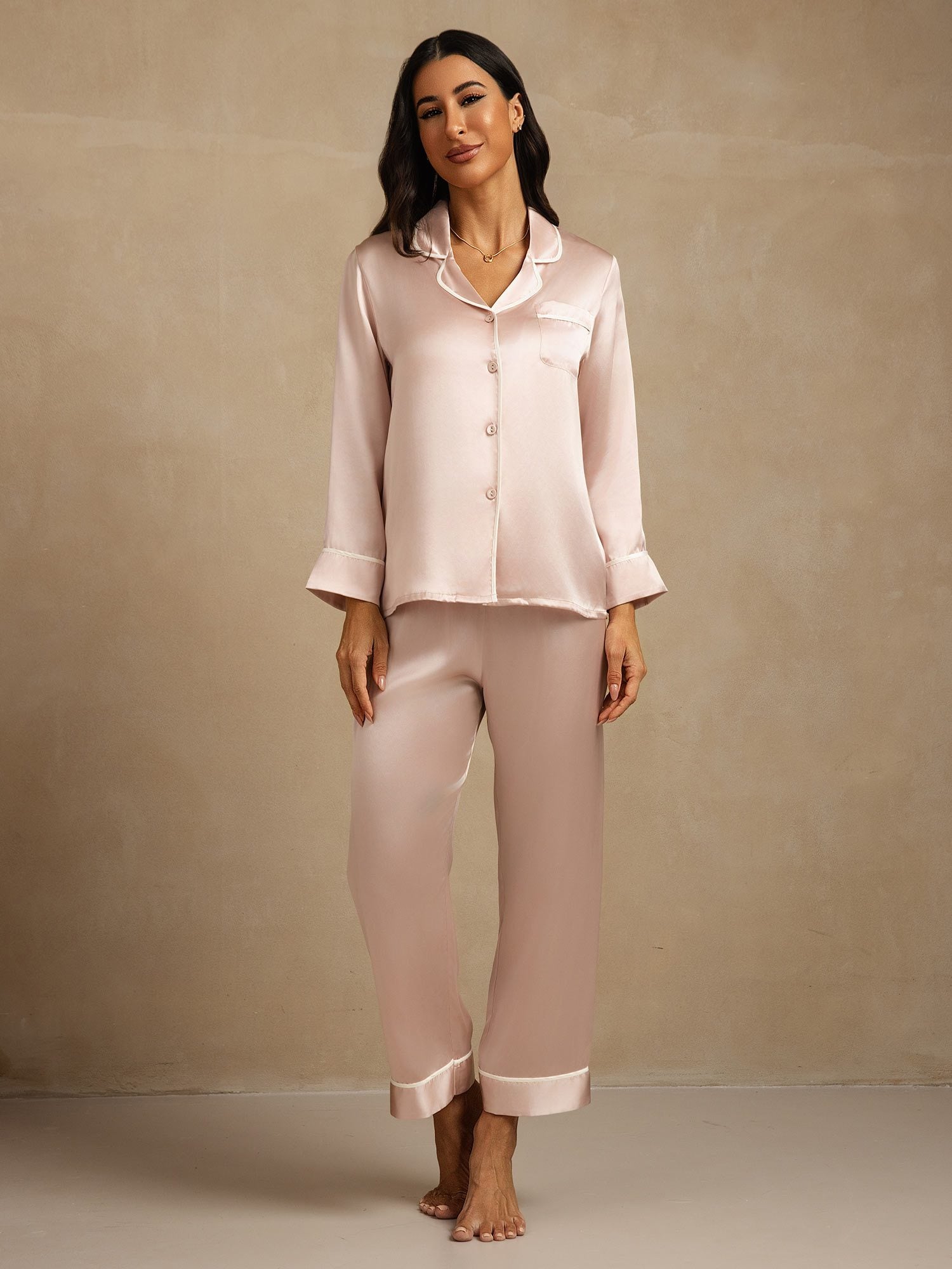 [Pink] SilkSilky Pure Silk Lapel Collar Women's Pajamas 007