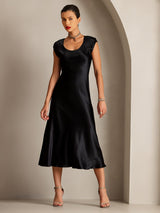 [Black] SilkSilky  19Momme Stretch Silk Charmeuse Cap Sleeve Scoop Neck Dress 006
