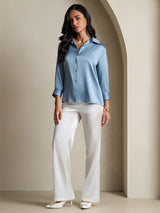 [Grayish Blue] SilkSilky  19Momme Stretch Silk Charmeuse 3/4 Sleeve Lapel Collar Women's Shirt 005
