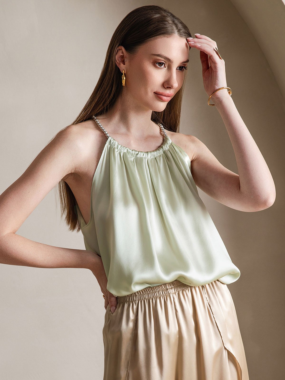 SilkSilky  19Momme Silk Blend Sleeveless Round Neck Camisole Top LightGreen 003