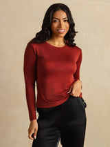 [Fired Brick] SilkSilky  100% Silk Jersey Long Sleeve Crew Neck Women's T-Shirt 003