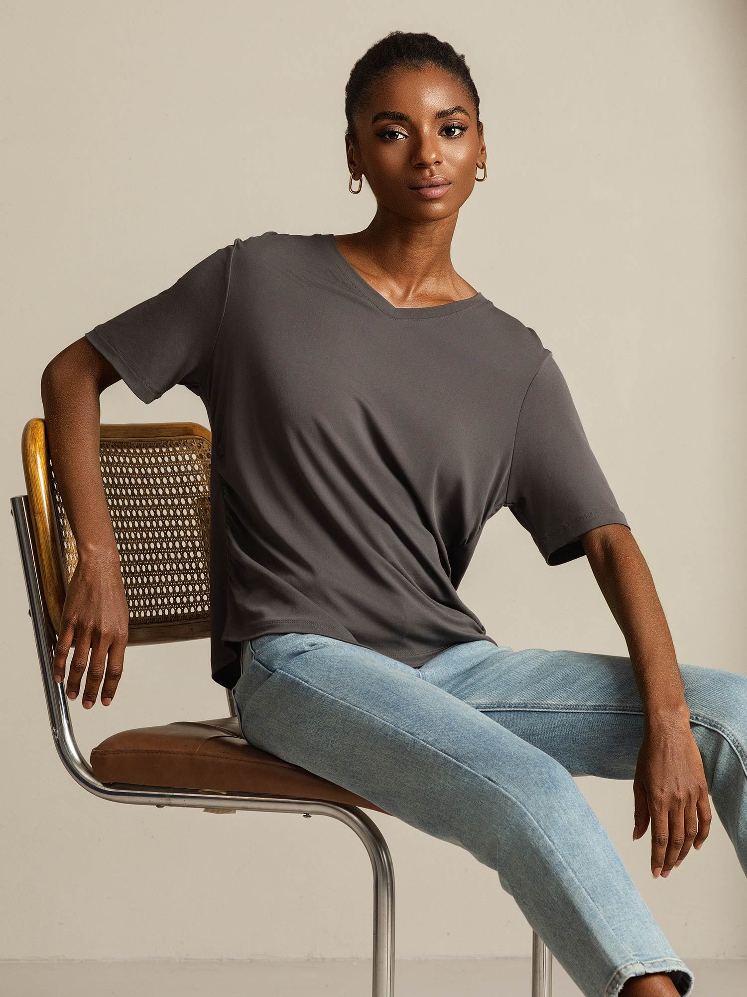 [Gray] SilkSilky Pure Silk V Neck Women's T-Shirt 007
