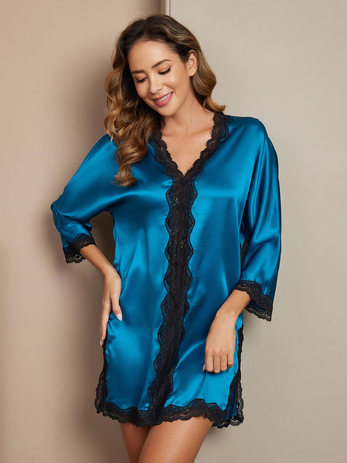 SilkSilky US Pure Silk 3/4 Sleeve V Neck Nightgown Teal 001