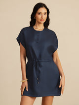 [Dark Blue] SilkSilky 18Momme Silk Satin Surah Cap Sleeve Henley Neck Dress 001