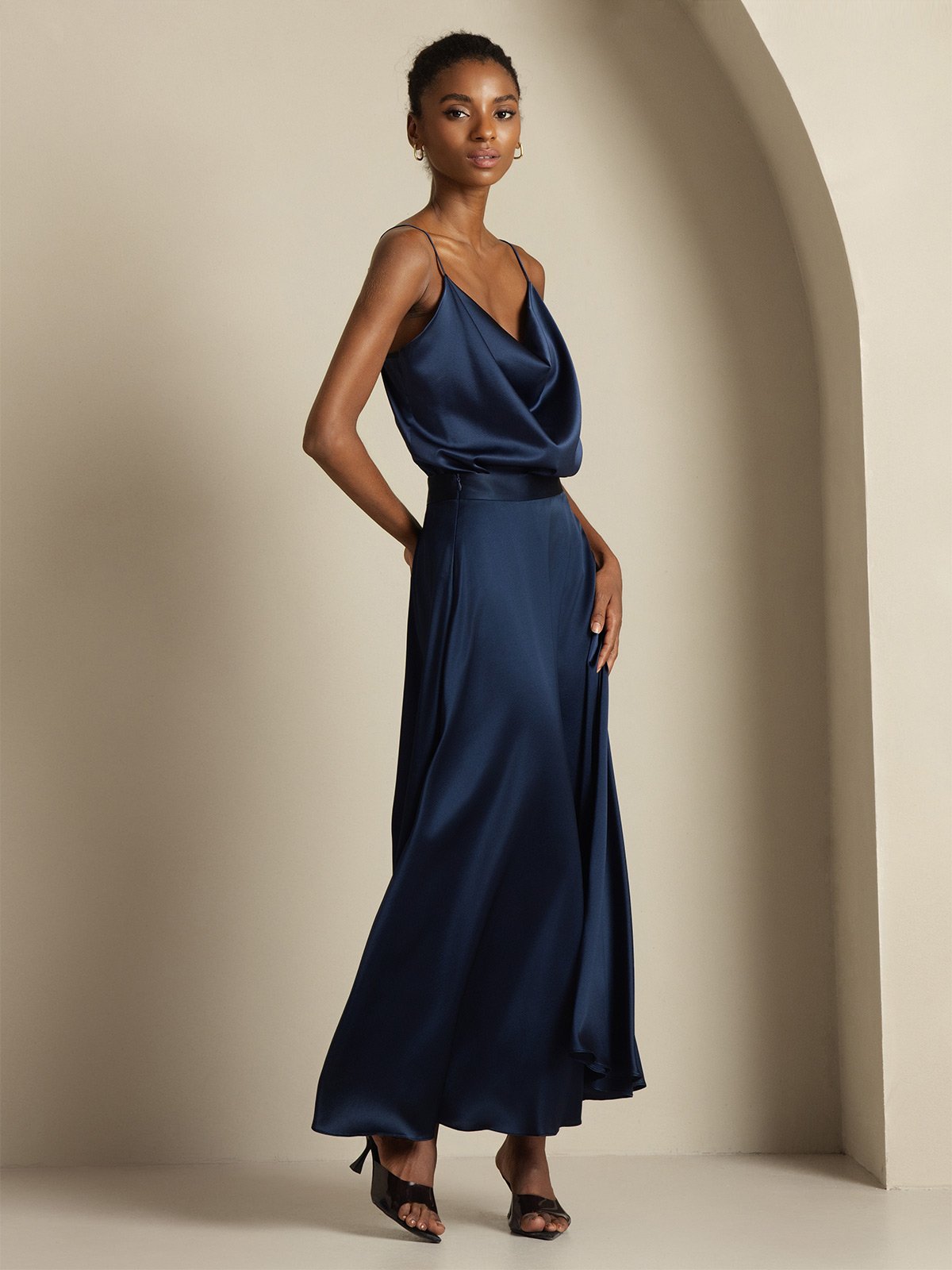 [Dark Blue] SilkSilky  19Momme Silk Cowl Neck Women''s Outfit Sets 005,