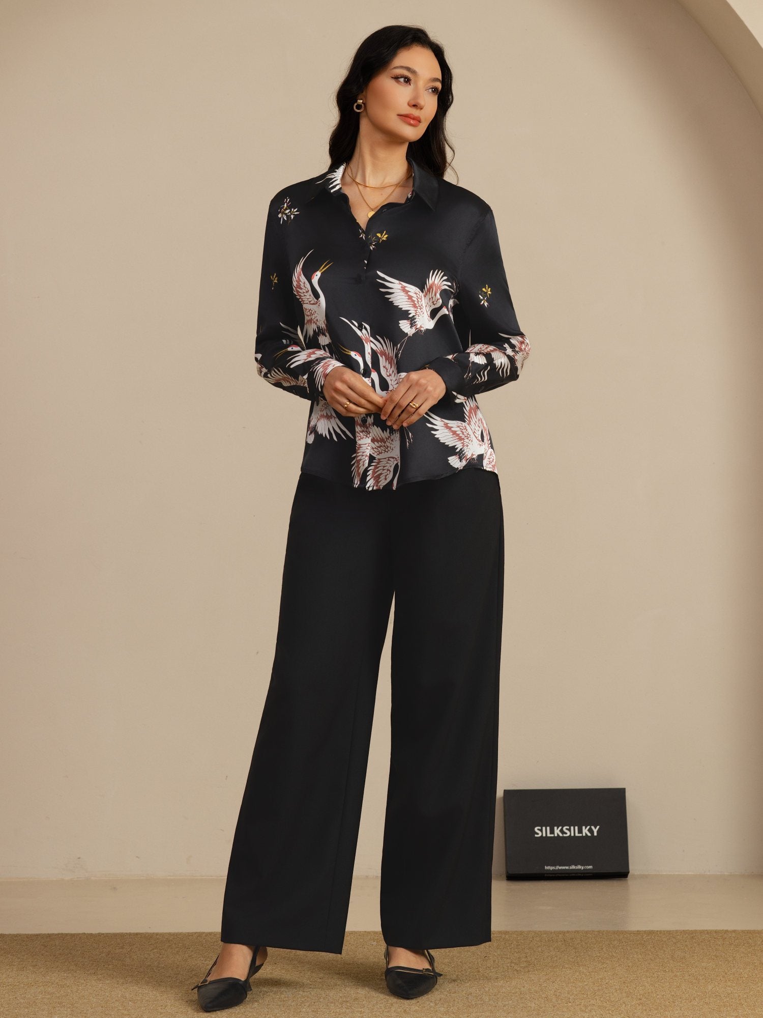 [Black] SilkSilky  19Momme Long Sleeve Lapel Collar Women's Shirt 008