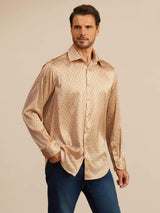 [Yellow Heart Geo] SilkSilky 19Momme Stretch Silk Charmeuse Long Sleeve Lapel Collar Men's Shirt 004