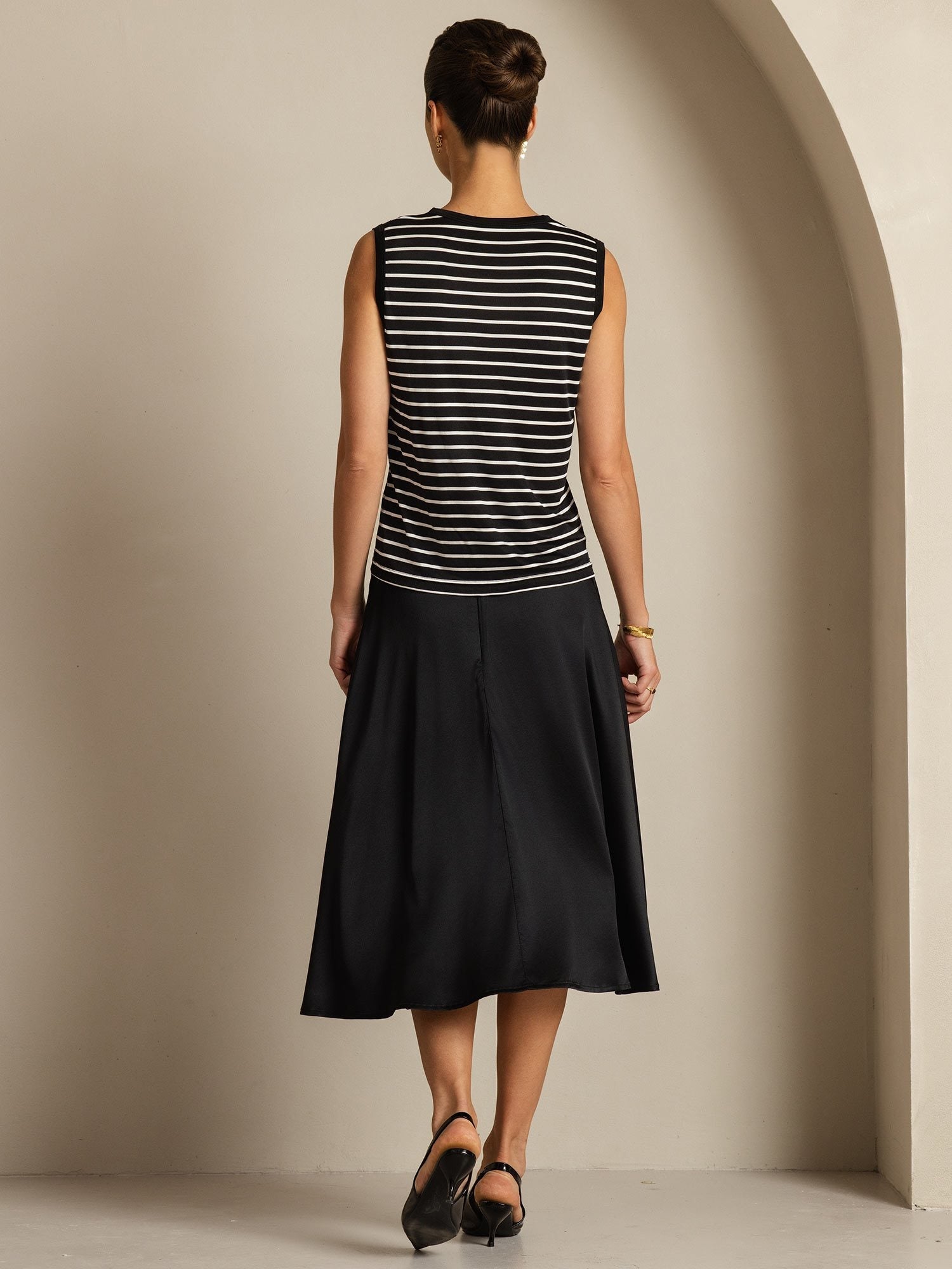 [Black Stripe] SilkSilky  Silk Sleeveless Round Neck Camisole Top 002