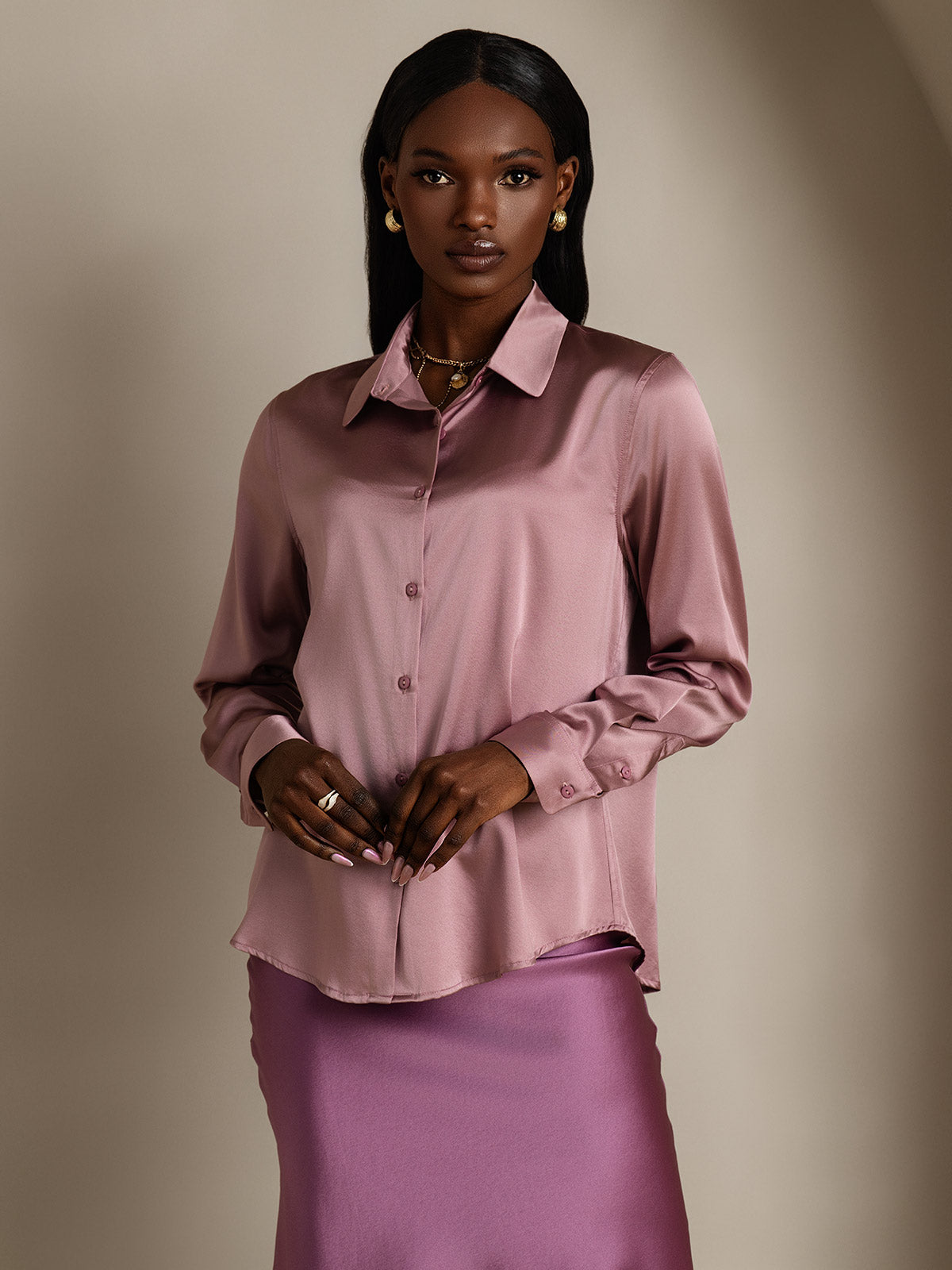 SilkSilky  Silk Blend Long Sleeve Collar Women's Shirt PaleMauve 005