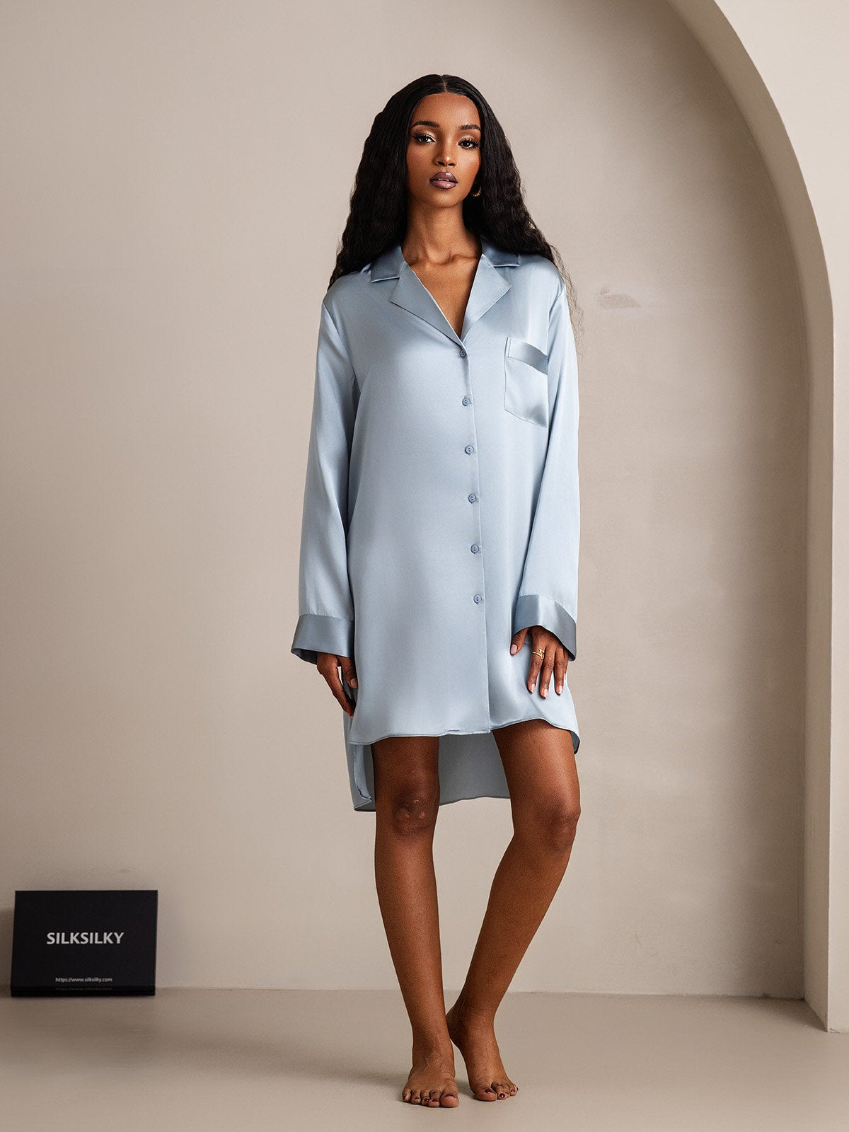 [GrayishBlue] SilkSilky Pure Silk Lapel Collar Nightgown 005