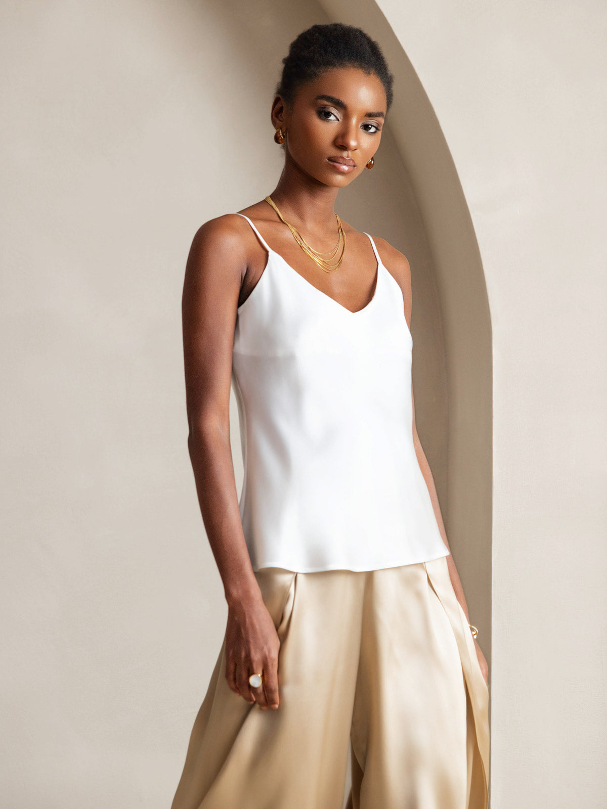 [White] SilkSilky  Pure Silk V Neck Camisole Top 005