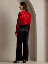 [Red] SilkSilky  19Momme Stretch Silk Charmeuse Long Sleeve Lapel Collar Women's Shirt 002