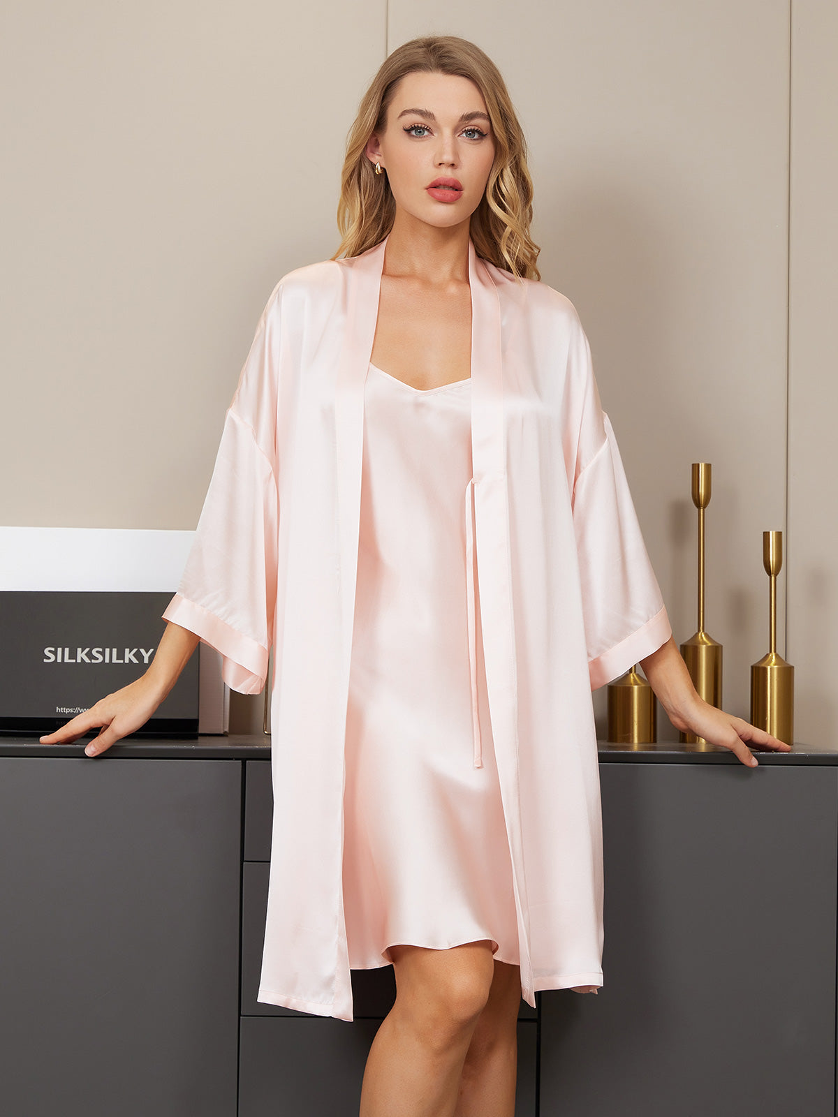 SilkSilky  Pure Silk 3/4 Sleeve Nightgown&Robe Set LightPink 004
