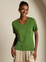 [Green] SilkSilky  Short Sleeve V Neck Women's T-Shirt 003