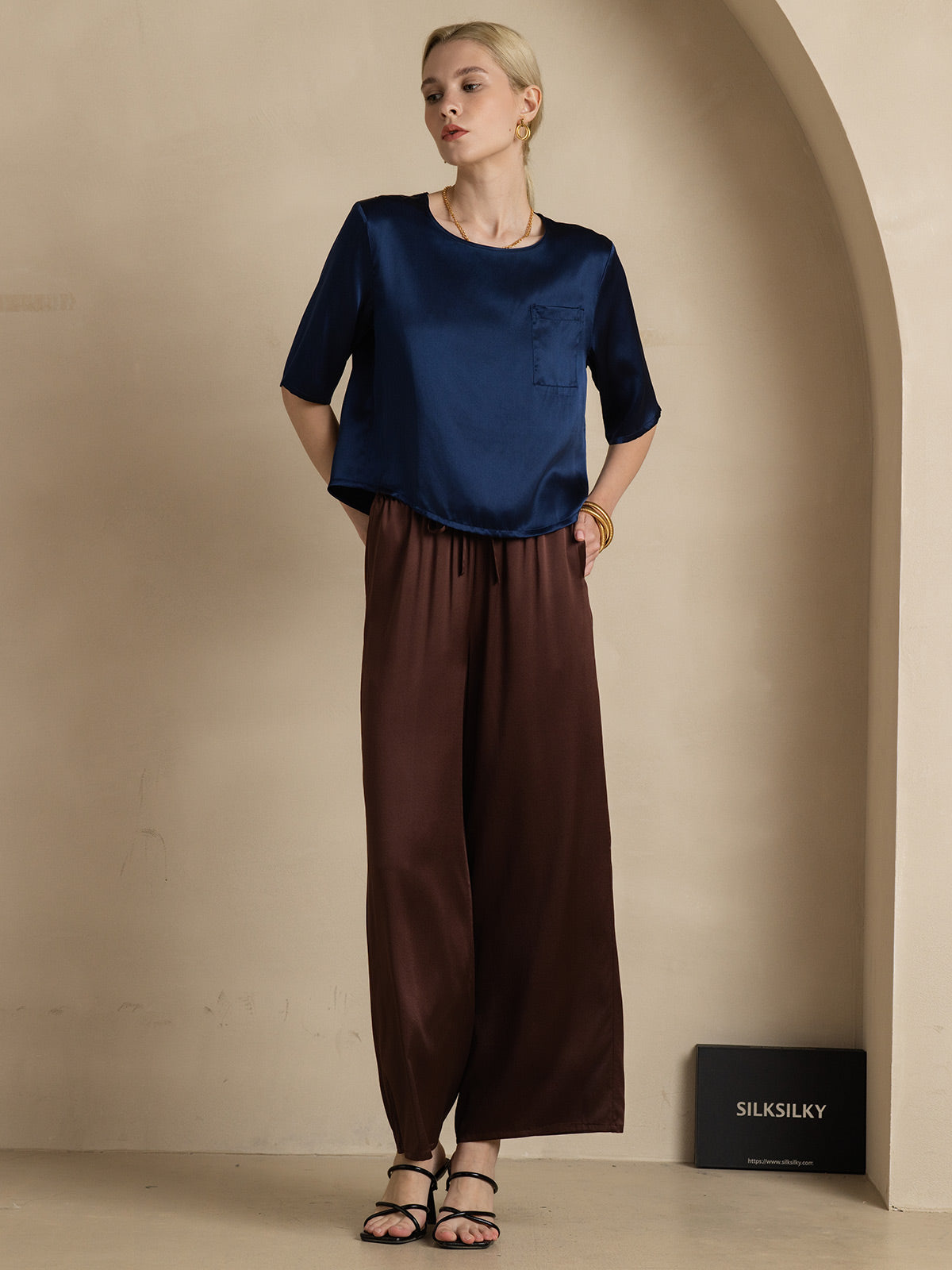 [Dark Blue] SilkSilky  Pure Silk Boat Neck Women's T-Shirt 007