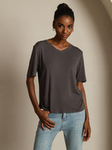 [Gray] SilkSilky  100% High-Twist Silk Jersey Short Sleeve V Neck Women's T-Shirt 008
