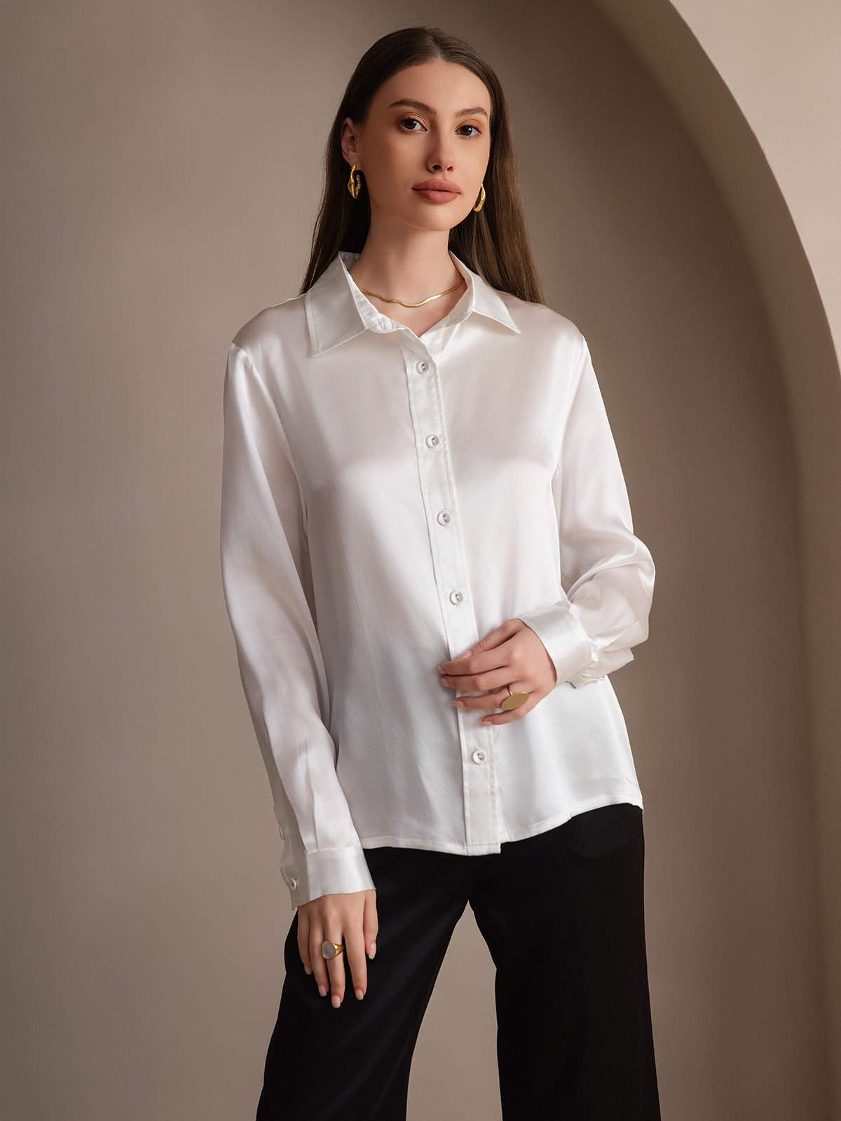 SilkSilky  19Momme Silk Long Sleeve Collar Women's Shirt White 004