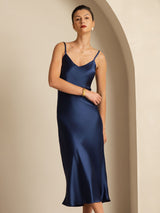 [Dark Blue] SilkSilky Spaghetti Strap V Neck Dress 006