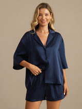 [Dark Blue] SilkSilky  19Momme Machine-Washable Silk Half Sleeve Notch Collar Women's Pajamas 004