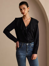 [Black] SilkSilky Long Sleeve Deep V Neck Women's Blouse 004
