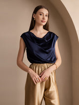 [Dark Blue] SilkSilky  Cap Sleeve Cowl Neck Women's T-Shirt 003