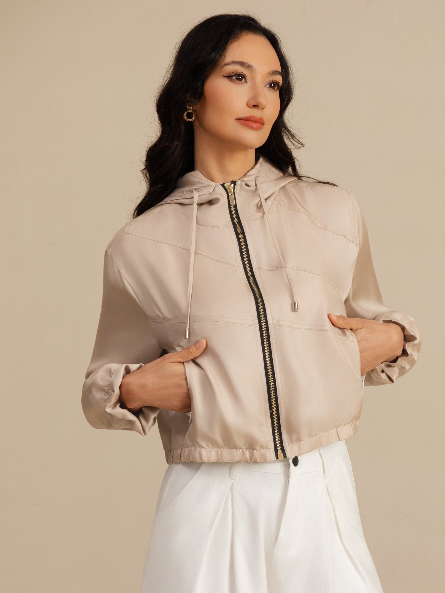 [Tan] SilkSilky 18Momme Silk Satin Surah Long Sleeve High Neck Women's Outerwear 004