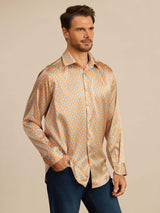 [Yellow Heart Geo] SilkSilky 19Momme Stretch Silk Charmeuse Long Sleeve Lapel Collar Men's Shirt 003