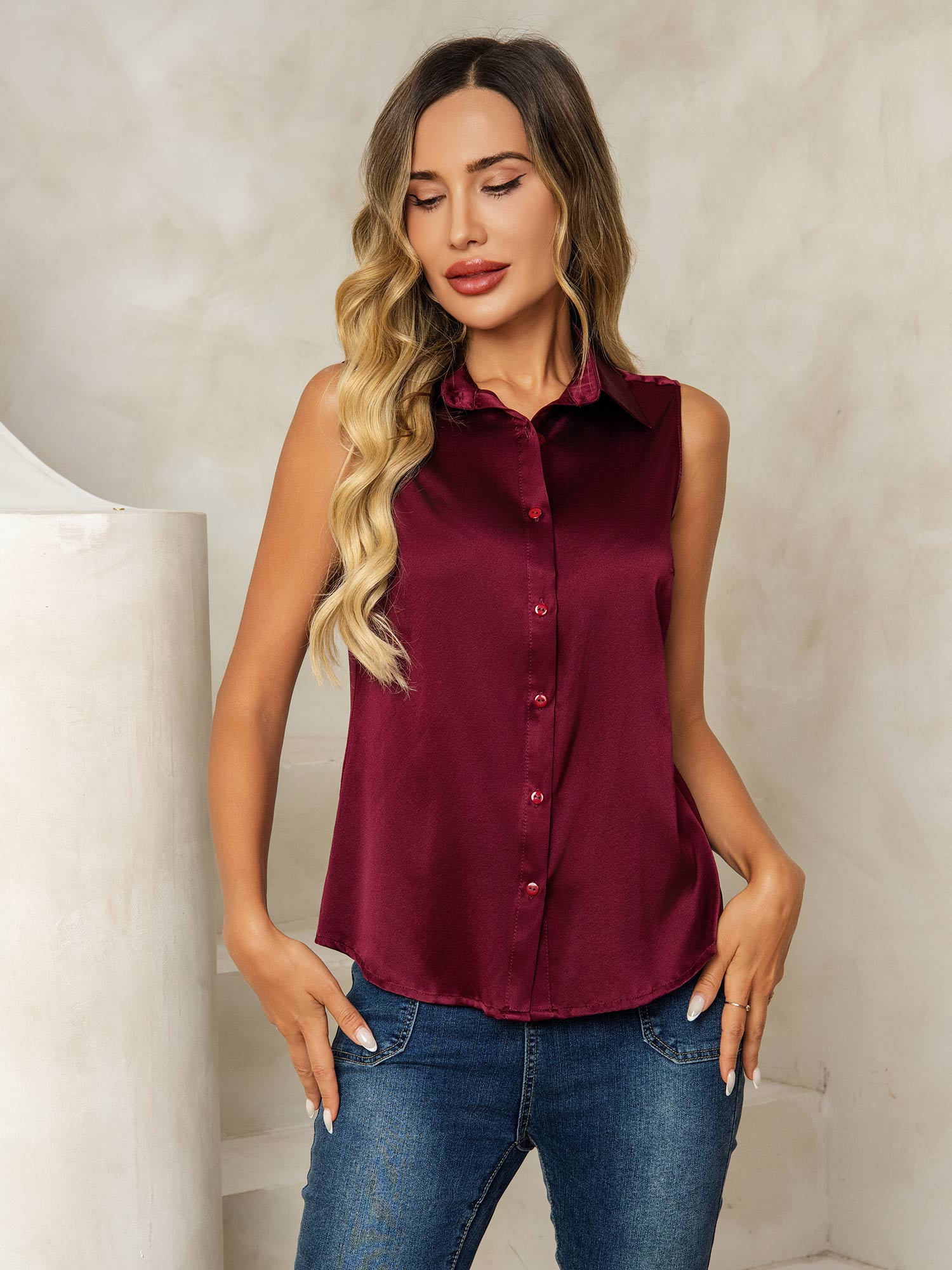 [Dark Red] SilkSilky  19Momme Silk Lapel Collar Women's Shirt 005