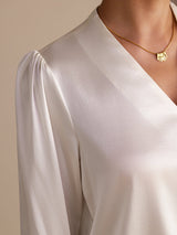 [White] SilkSilky Long Sleeve Wrap Women's Blouse 004