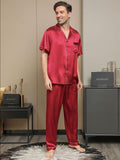 SilkSilky US 19Momme Pure Silk Short Sleeve Lapel Men's Pajamas Red 004