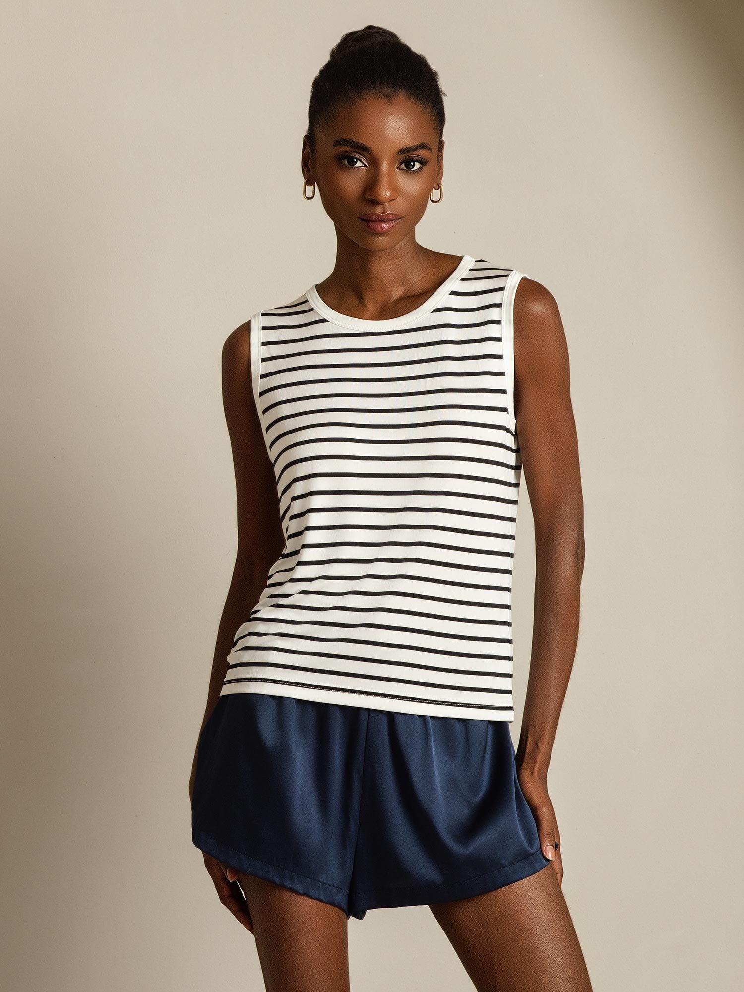 [White Stripe] SilkSilky  Silk Sleeveless Round Neck Camisole Top 008