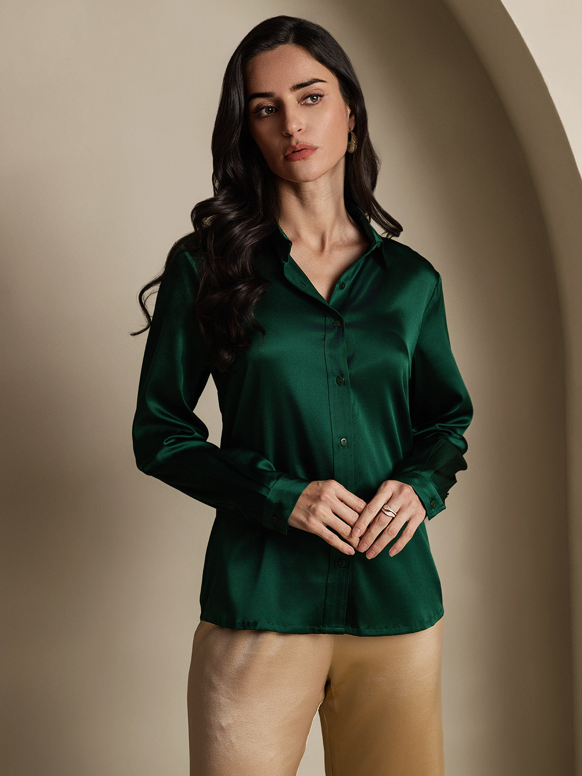 SilkSilky  19Momme Silk Long Sleeve Collar Women's Shirt DarkGreen 003