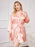 SilkSilky  Pure Silk Long Sleeve Deep V Neck Plus Size Robe Pink 001