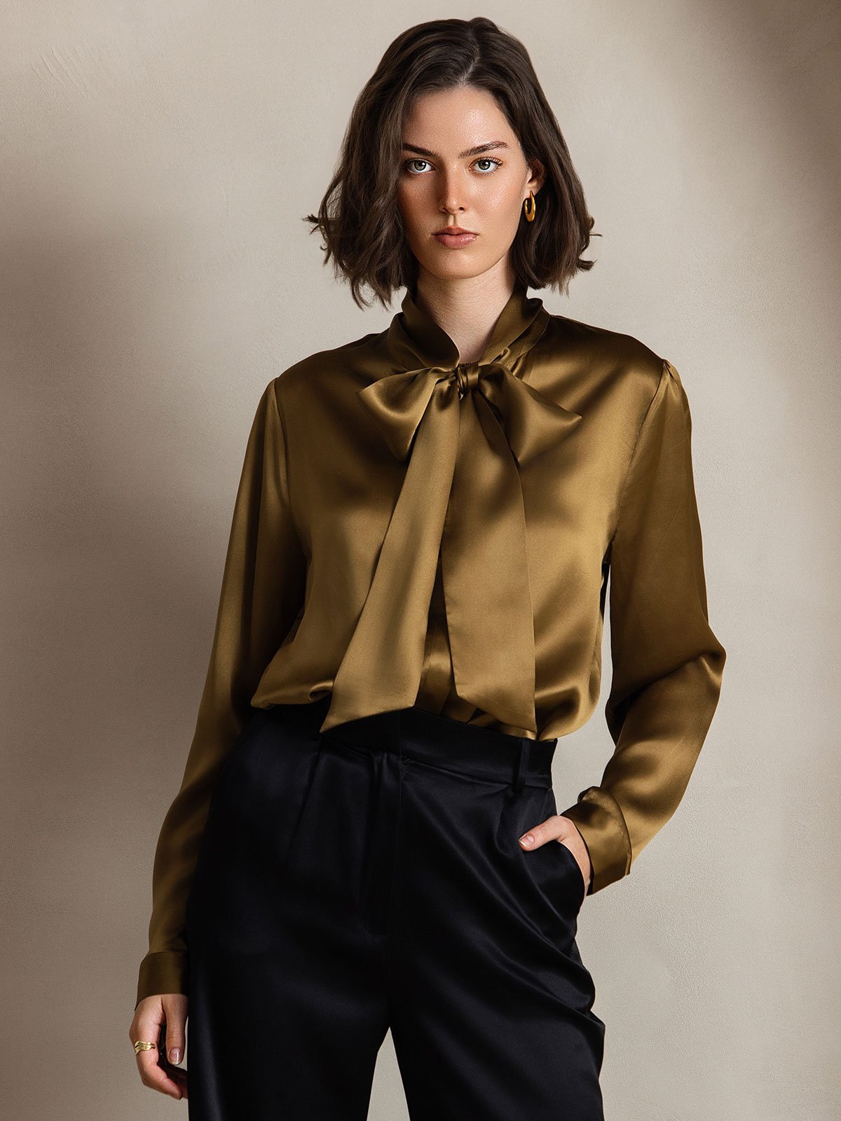 [Brown] SilkSilky 19Momme Silk Long Sleeve Tie Neck Women's Shirt 003