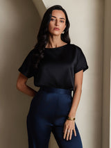 [Black] SilkSilky  19Momme Stretch Silk Charmeuse Short Sleeve Boat Neck Women's T-Shirt 004