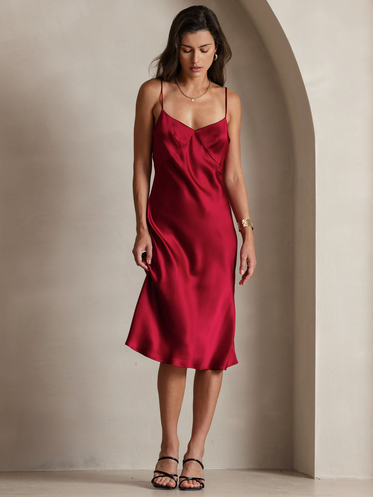 [Wine] SilkSilky  19Momme Pure Silk V Neck Dress 005