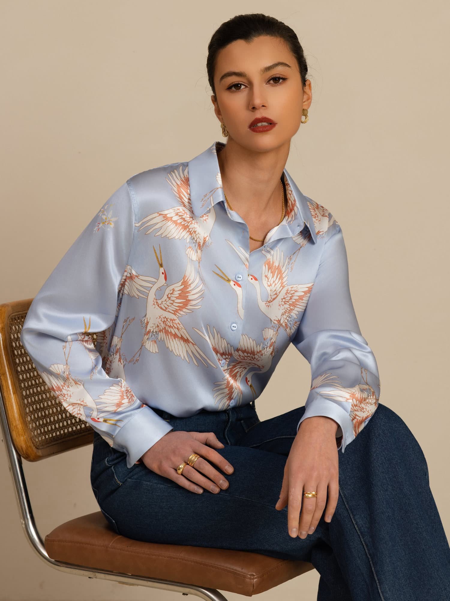 [Light Blue] SilkSilky  19Momme Long Sleeve Lapel Collar Women's Shirt 001